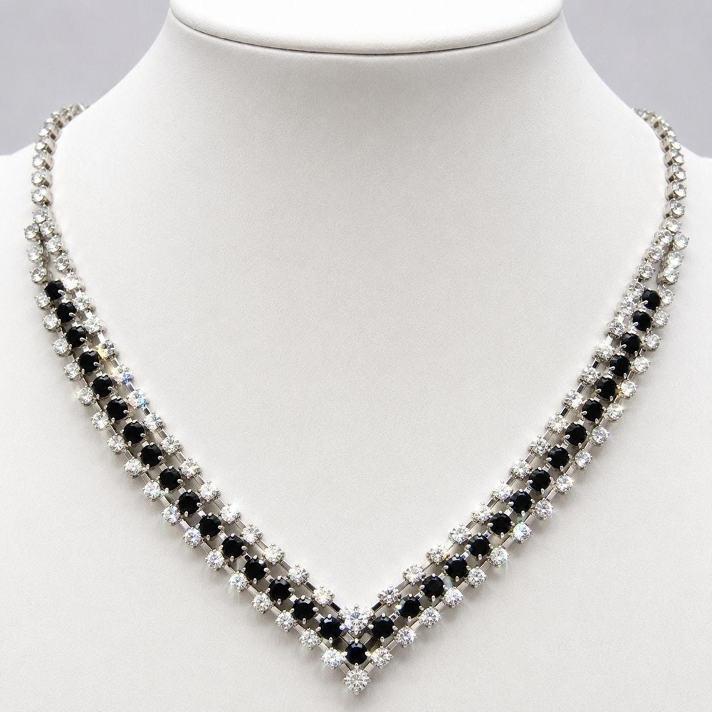 Vintage Jet Black V Necklace Made with‎ Swarovski Crystal Formal Prom
